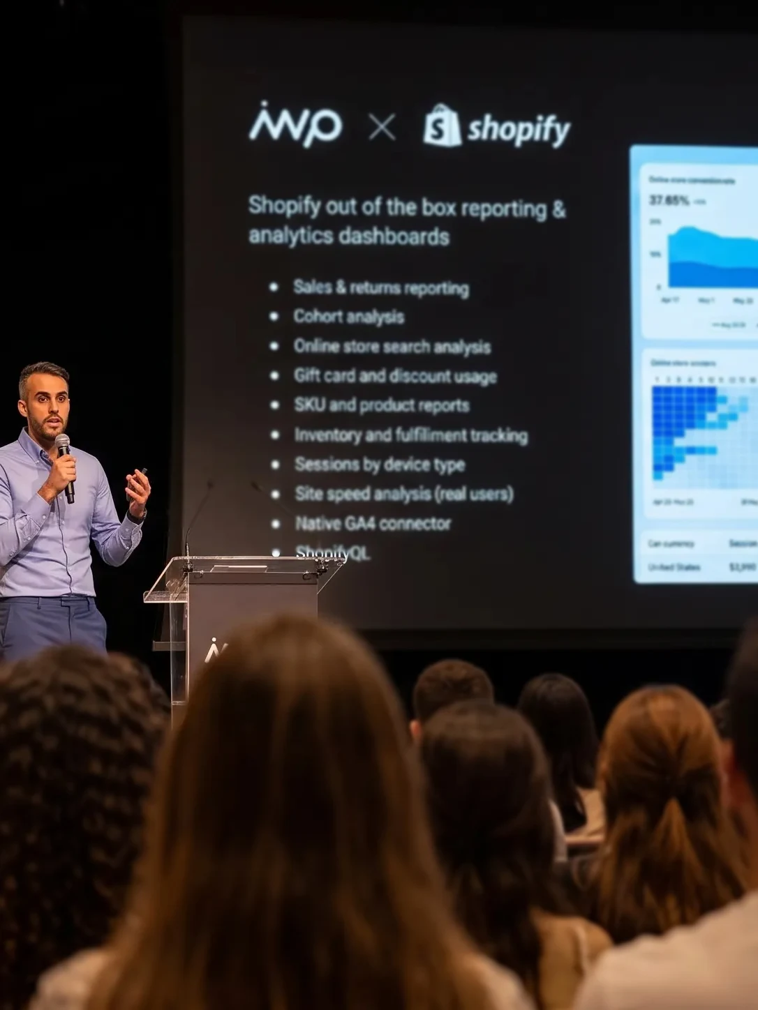 הרצאה של IWP מול קהל בנושא דוחות ואנליטיקה של Shopify